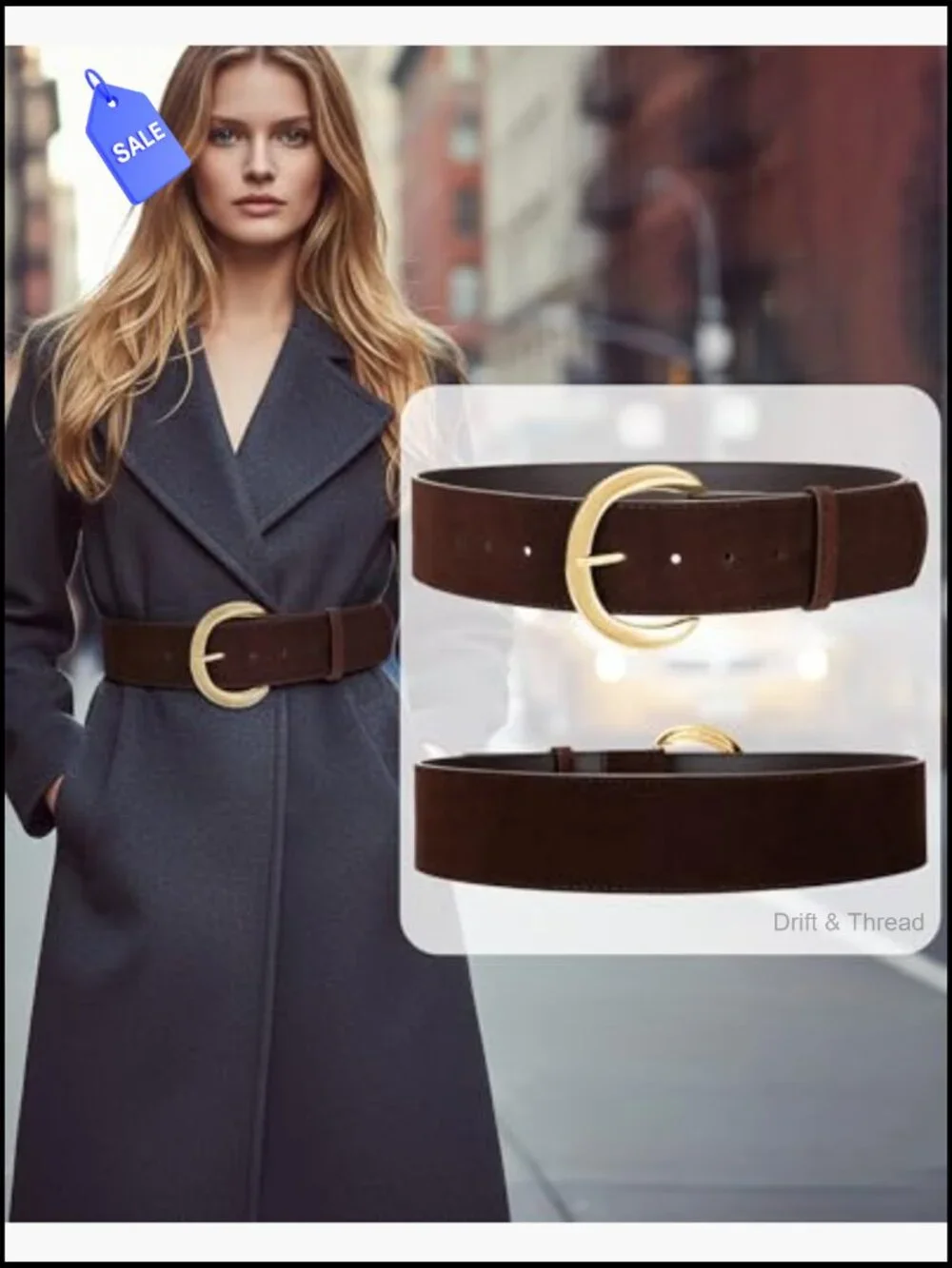 Wide Suede Belt with Chunky Gold Buckle, 2.1